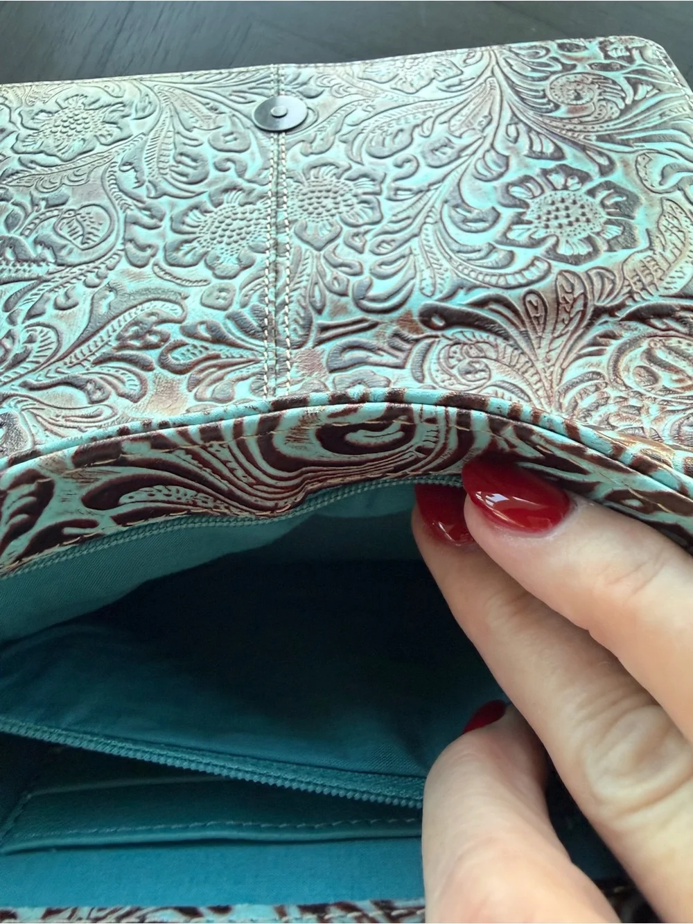 Tooled Leather Crossbody Bag in Turquoise and Brown Floral